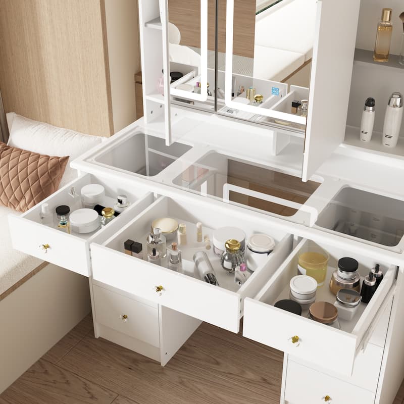 43" White Makeup Vanity Desk with LED Lighted Mirror, Tempered Glass Top, 9 Drawers Storage Dressing Table