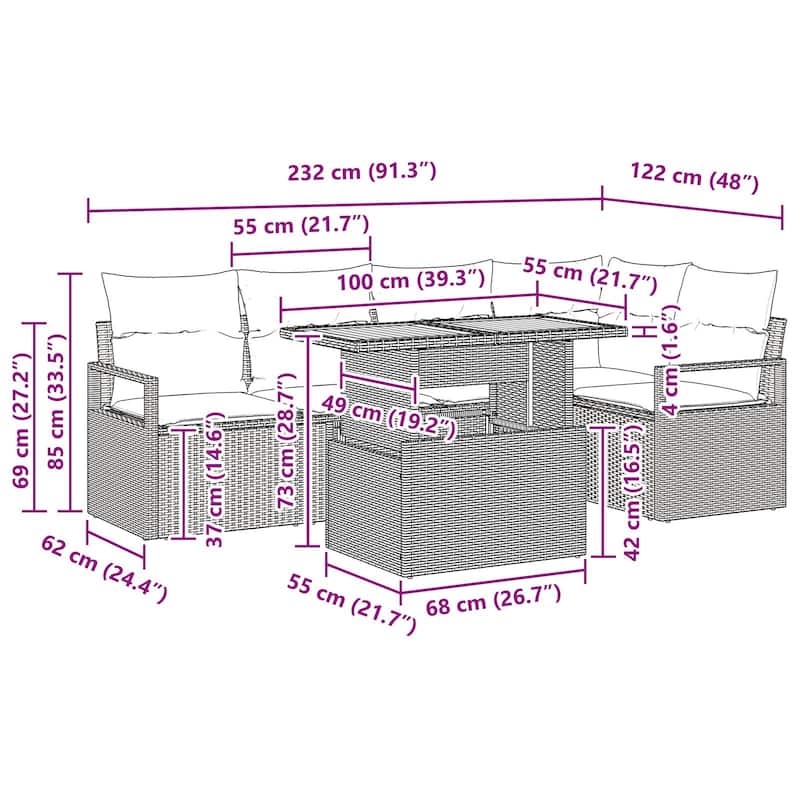 vidaXL 6 Piece Garden Sofa Set with Cushions - 91.3×48×27.2