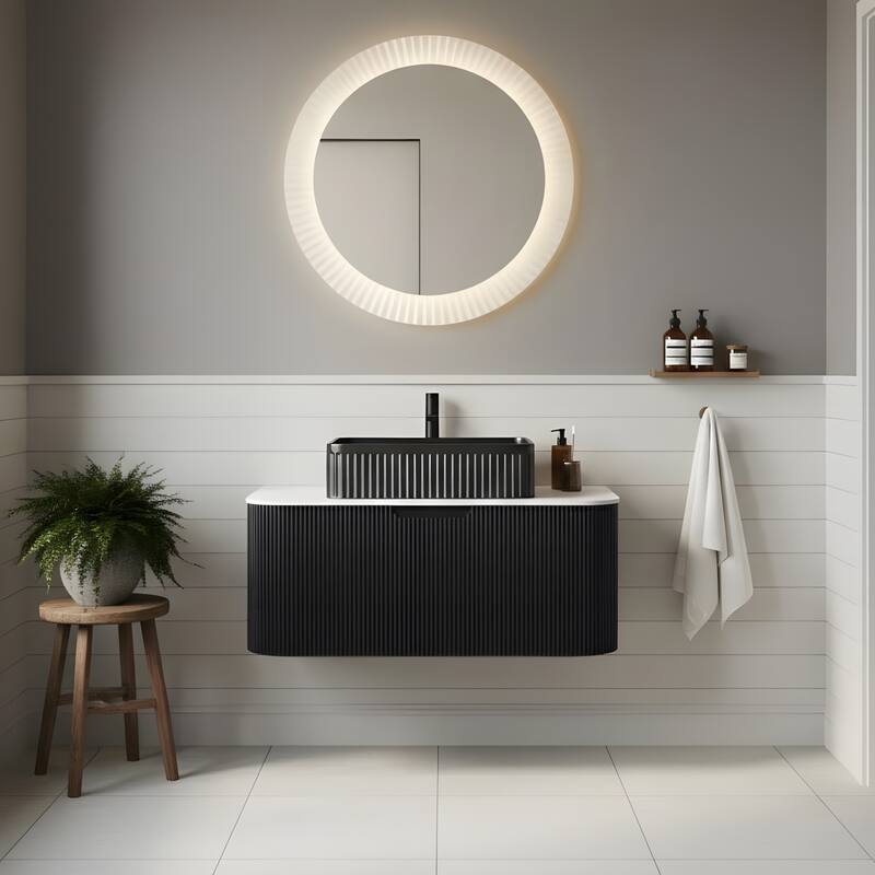 Wall Mounted Bathroom Vanity with Black Rectangular Ceramic Basin - 36 - Black