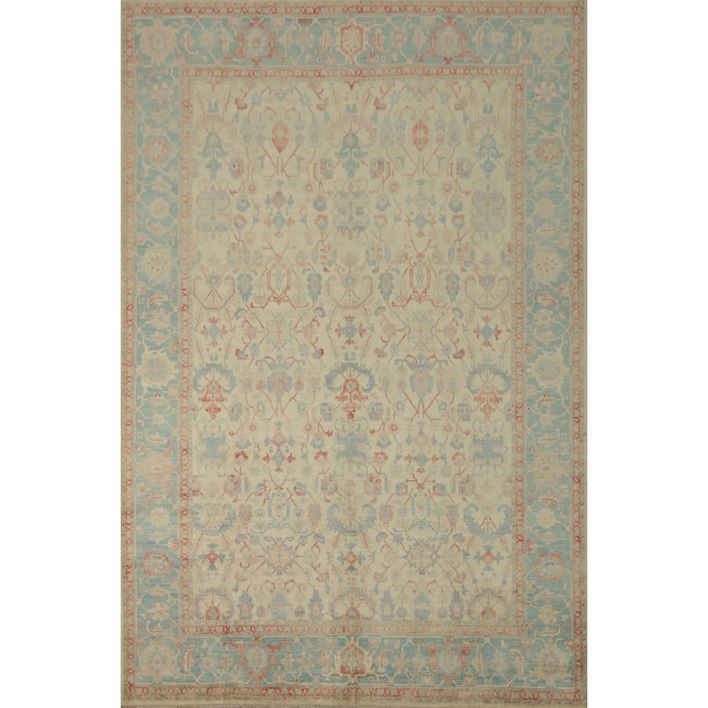 Hand Knotted Traditional Wool Beige Geometric Area Rug - 13' 5'' X 9' 9''