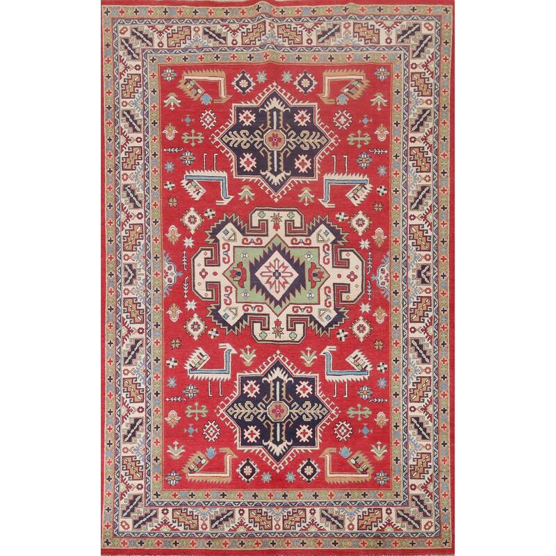 Hand Knotted Oriental 100% Wool Carpet Traditional Geometric Red Kazak Area Rug - 9' 6'' X 6' 4''