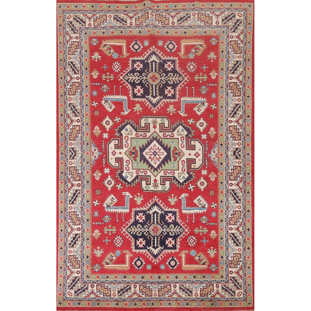 Hand Knotted Oriental 100% Wool Carpet Traditional Geometric Red Kazak Area Rug - 9' 6'' X 6' 4''