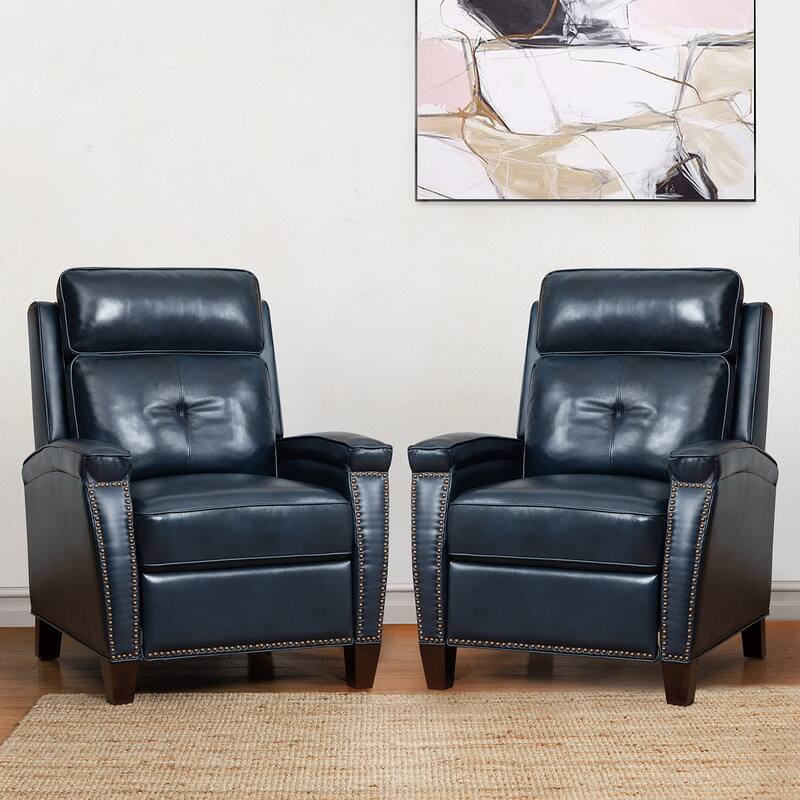 Gaspar Mid-Century Modern Genuine Leather Pushback Recliner with Wood legs Set of 2 by HULALA HOME