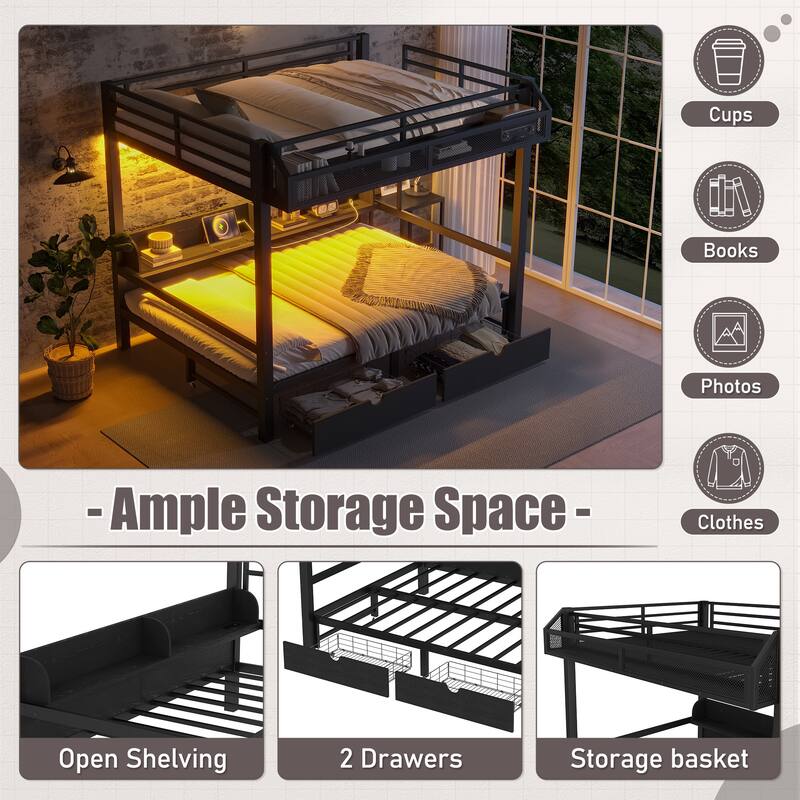 Queen over Queen Bunk Bed with Storage Shelves and Drawers,Multifunctional Metal Bunk Beds with USB Ports and LED,Black