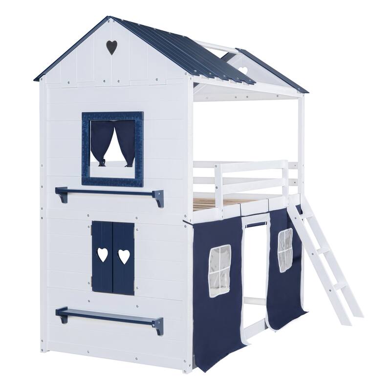 Twin Size Wooden Bunk Bed with Elegant Windows and Tent in Blue+White