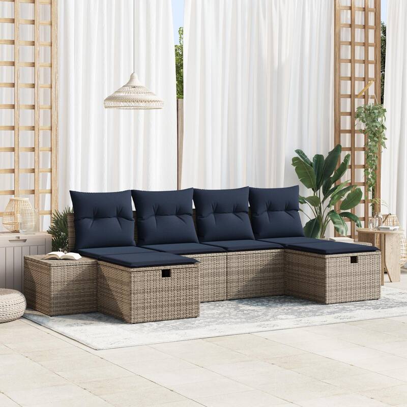 vidaXL 6 Garden Sofa Set with Cushions Brown/Grey Poly Rattan - 115.8 x 46.1 x 27.2 - Grey