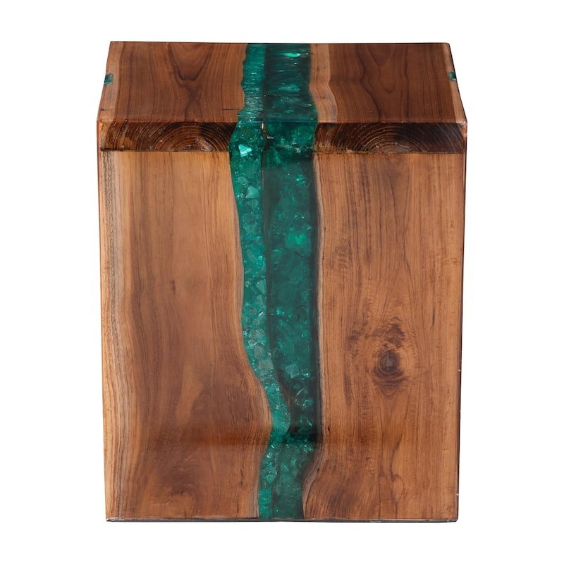 Anan Teak Wood Epoxy Resin End Table - Live Edge Cube Side Table, Handcrafted Modern Rustic Accent Table