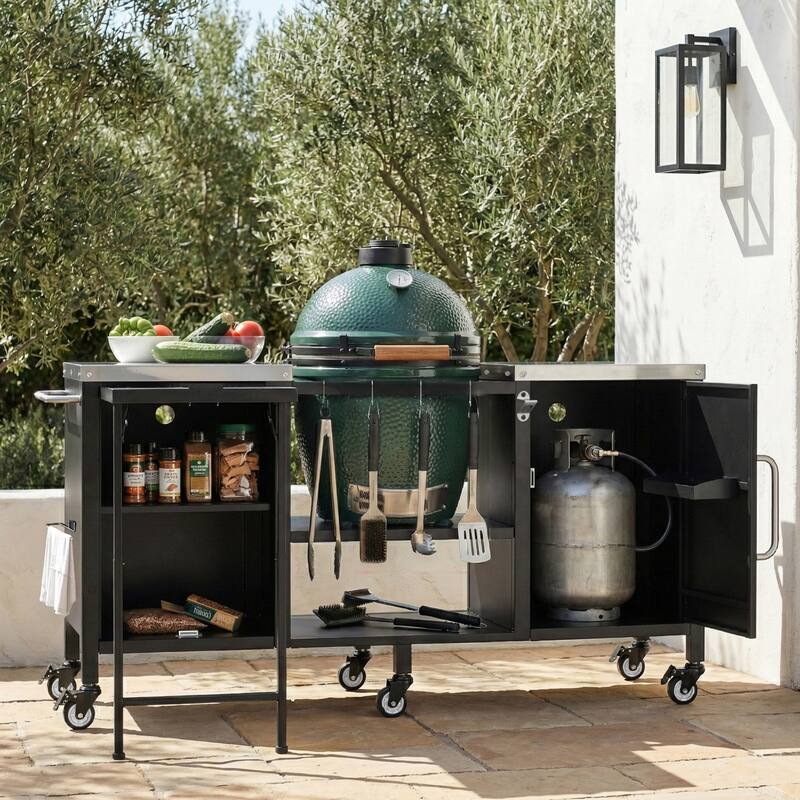 72.4"Large Grill Table for Large Big Green Egg,Metal Outdoor Grill Cart with Fold-out Prep Table,Adjustable Shelves,Spice Rack