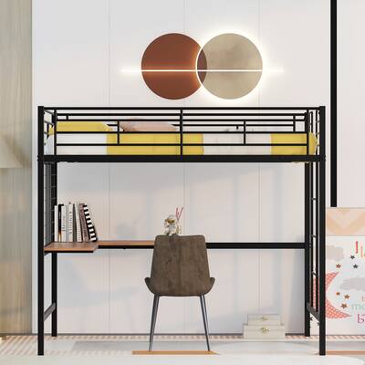 Twin/Full Size High Loft Bed with L Shaped Desk and Metal Grid, Heavy Duty Metal Loftbed Frame with Full Length Guardrail