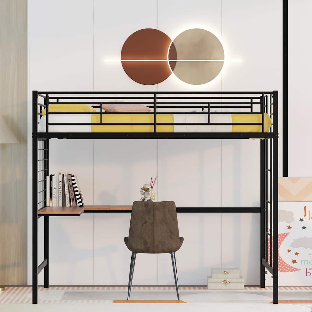 Twin/Full Size High Loft Bed with L Shaped Desk and Metal Grid, Heavy Duty Metal Loftbed Frame with Full Length Guardrail
