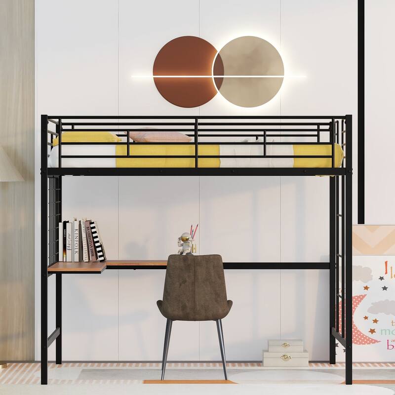 Twin Metal Loft Bed with Desk & Metal Grid - Sturdy, Space-Saving Design for Small Rooms