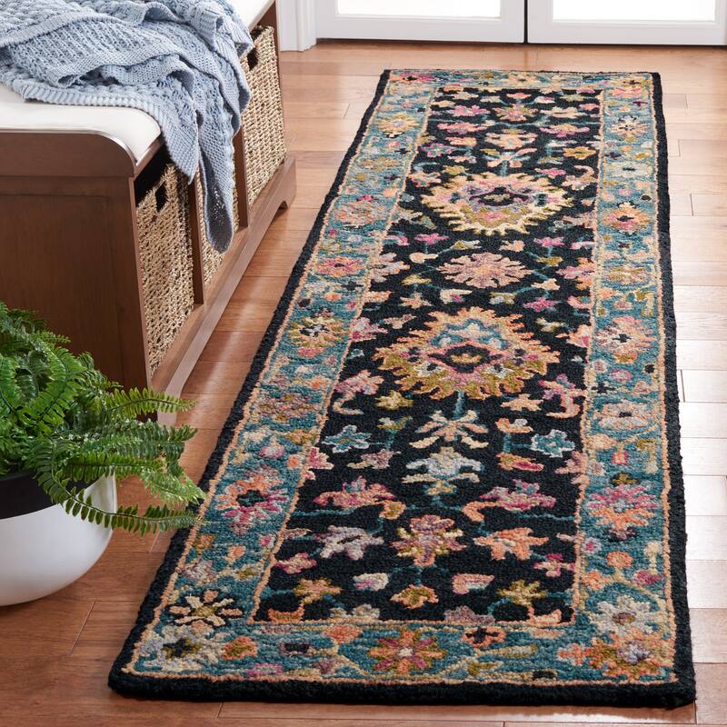 SAFAVIEH Handmade Aspen Yoheved Boho Wool Rug - 2'3" x 9' Runner - Black/Light Blue
