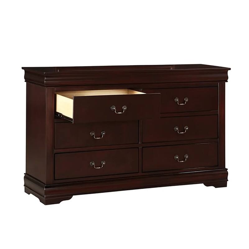 Transitional Style 6 Drawer Dresser with Metal Pulls, Cherry Brown