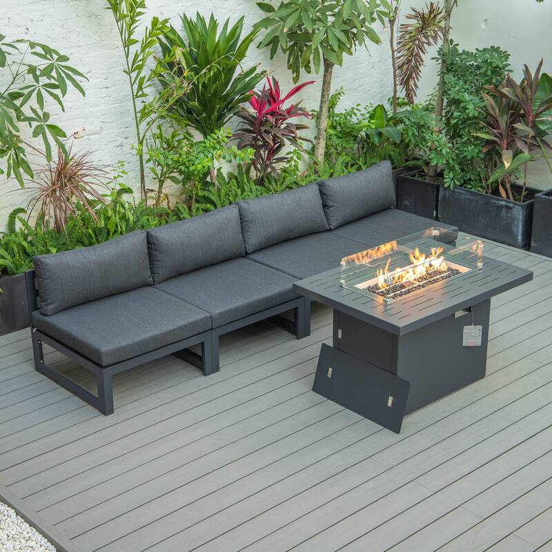 LeisureMod Chelsea 5-Piece Outdoor Patio Chairs and Fire Pit Table Set