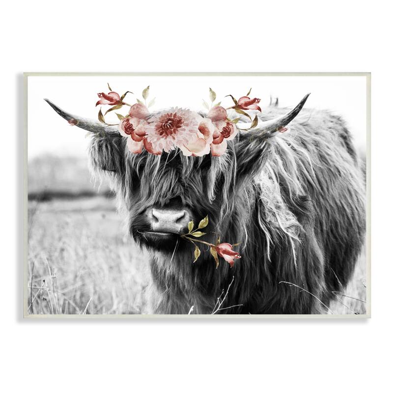 Stupell Layered Floral Design Longhorn Cattle Monochrome Wood Wall Art - Grey