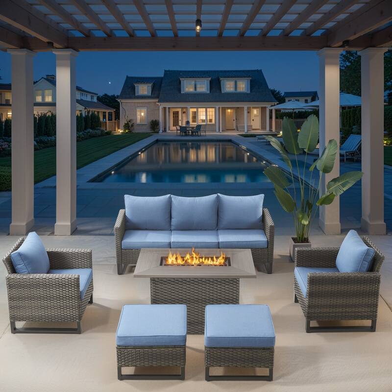 Outdoor Wicker Rattan Sofa Chair Ottoman with Fire Table - Blue - Grey