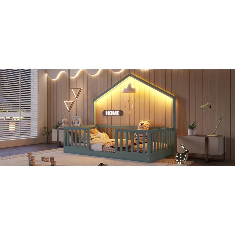 Roomfitters Twin/Full Floor Platform Bed, House Frame and LED Light with Wooden High Rails for Bedrooms or Guest Rooms