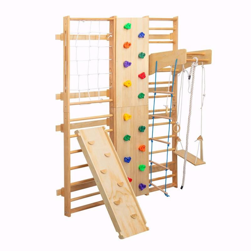 All-in-One 10-in-1 Indoor Climbing Set - Rock Climbing Wall, Wooden Swings, Gymnastic Rings, Rope Ladders & Stretching Equipment