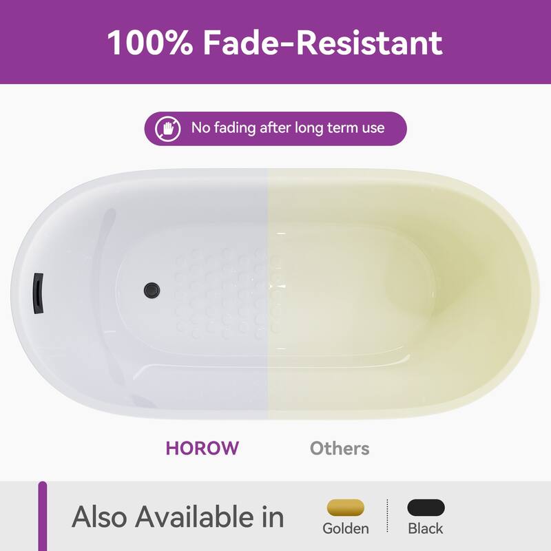 HOROW 47 x 26.8 Inch Soaking Bathtub with Side Drain White with Matte Black Trim