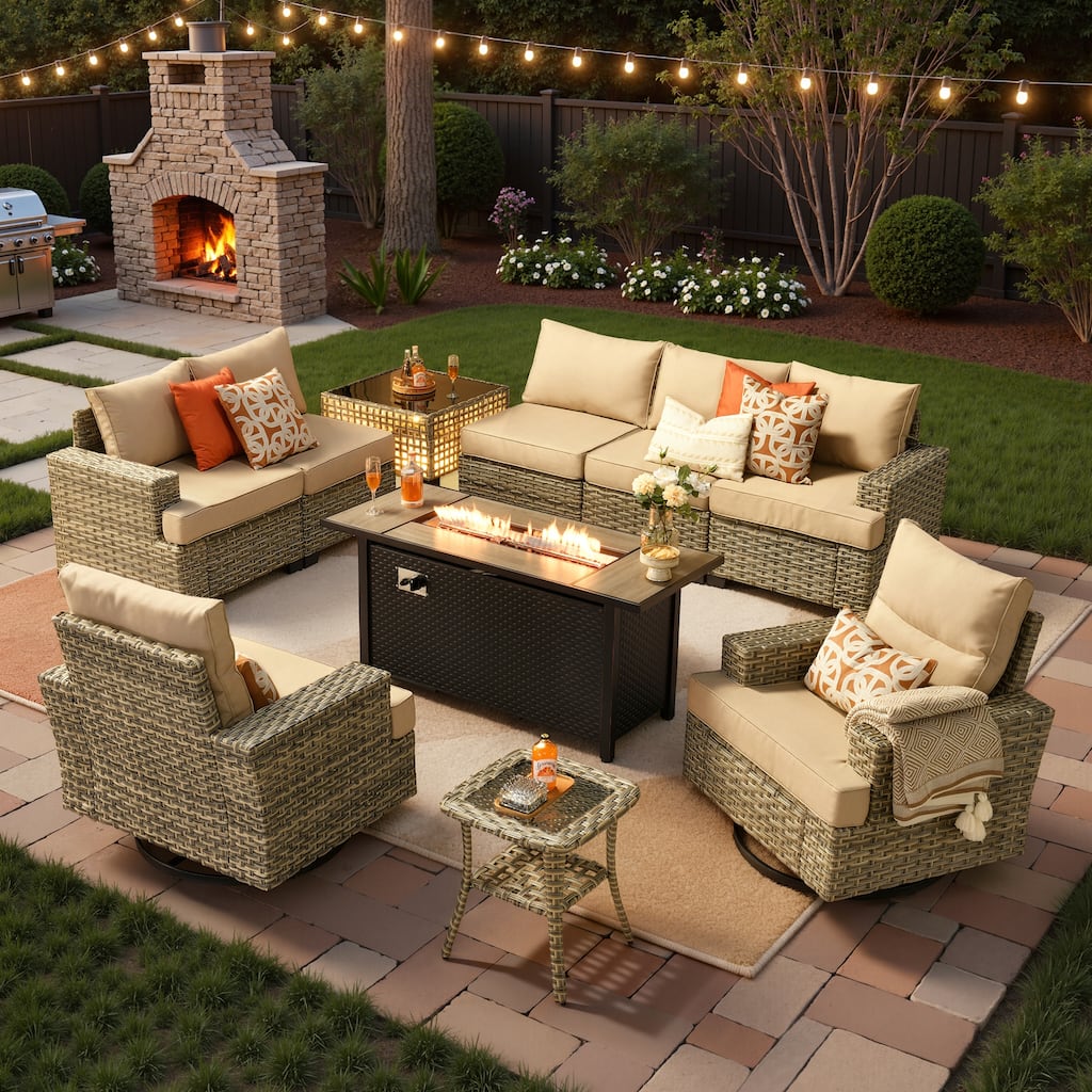HOOOWOOO 10-piece Patio Wicker Swivel Chair Sectional Set with Solar-powered Table