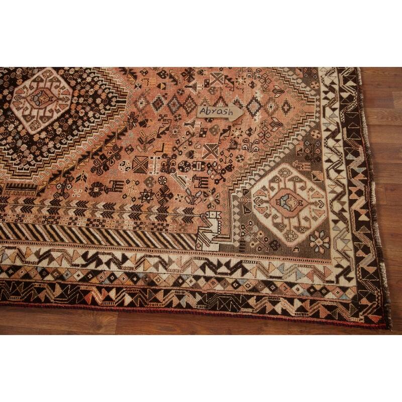 Hand Knotted Oriental 100% Wool Carpet Traditional Tribal Peach Shiraz Area Rug - 8' 7'' X 5' 6''