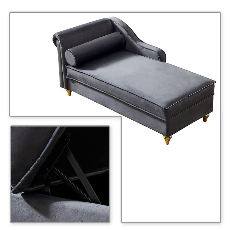 French Elegant Velvet Upholstered Storage Chaise Lounge Chair with a Pillow