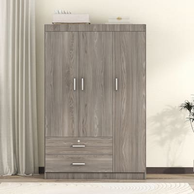 Gray Wood Grain Effect 3-Door Wardrobe with 2 Drawers