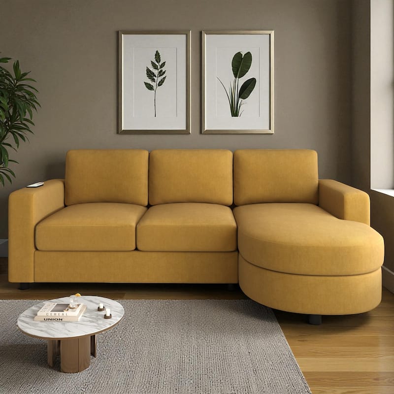 84.6" Modern L-Shaped Sectional Sofa with Curved Chaise Lounge, USB Ports and Storage Pockets, Chenille Couch for Living Room