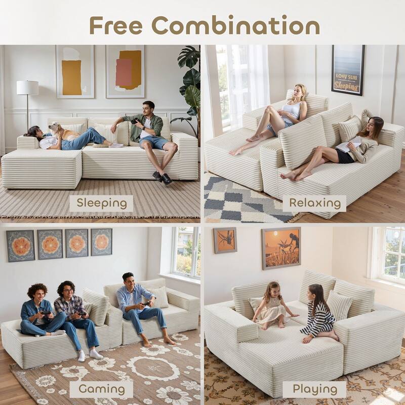 Meyreso No Assembly Required Long Plush L-Shaped Sectional Sofa with Round Nesting Coffee Tables