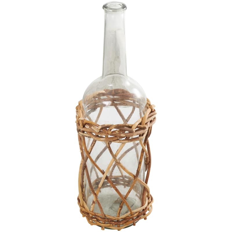 Clear Glass Handmade Tall Vase with Brown Rattan Woven Lower Body