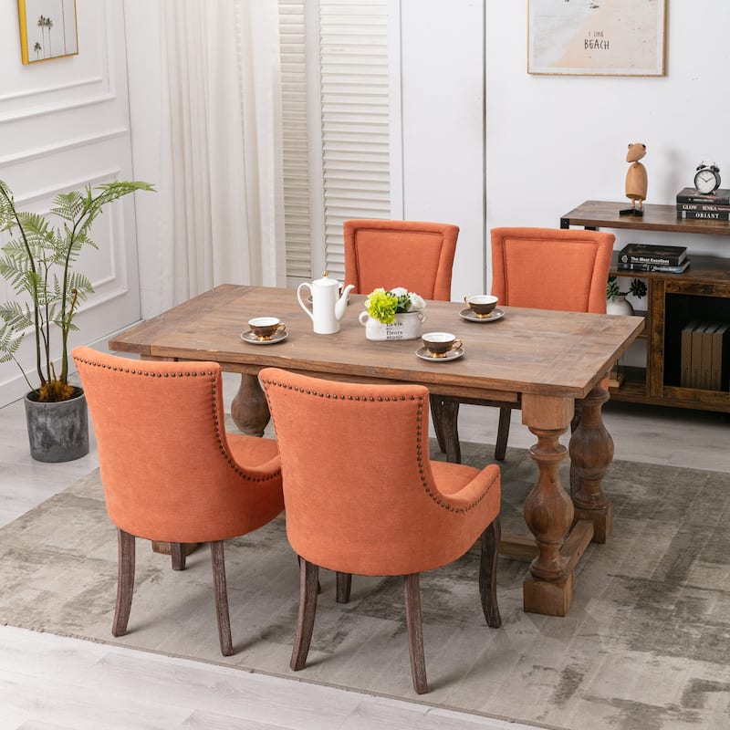 A&A Furniture, Ultra Side Dining Chair, Thickened Fabric Chairs with Neutral Toned Solid Wood Legs, Bronze Nail Head, Set of 2