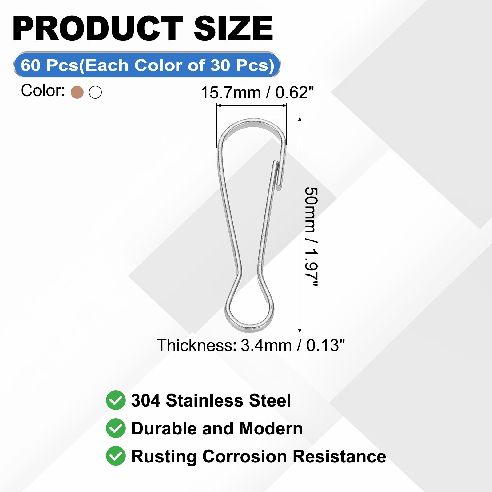 Stainless Steel 304 Spring Snap Hook Metal Clips Clasp for Key Chain Key Rings ID Card Shower Curtain, 5 - 50x15.7x3.4mm