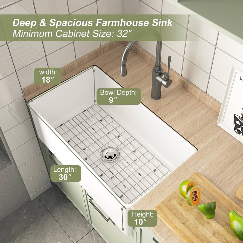 HOROW 30 in. White Fireclay Apron-Front Kitchen Sink, Single Bowl Design with Grid and Strainer