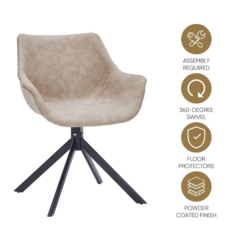 Markley Modern Swivel Dining Chair with Distressed Leather Upholstery, Ergonomic Back, and Black Metal Legs for Home or Office