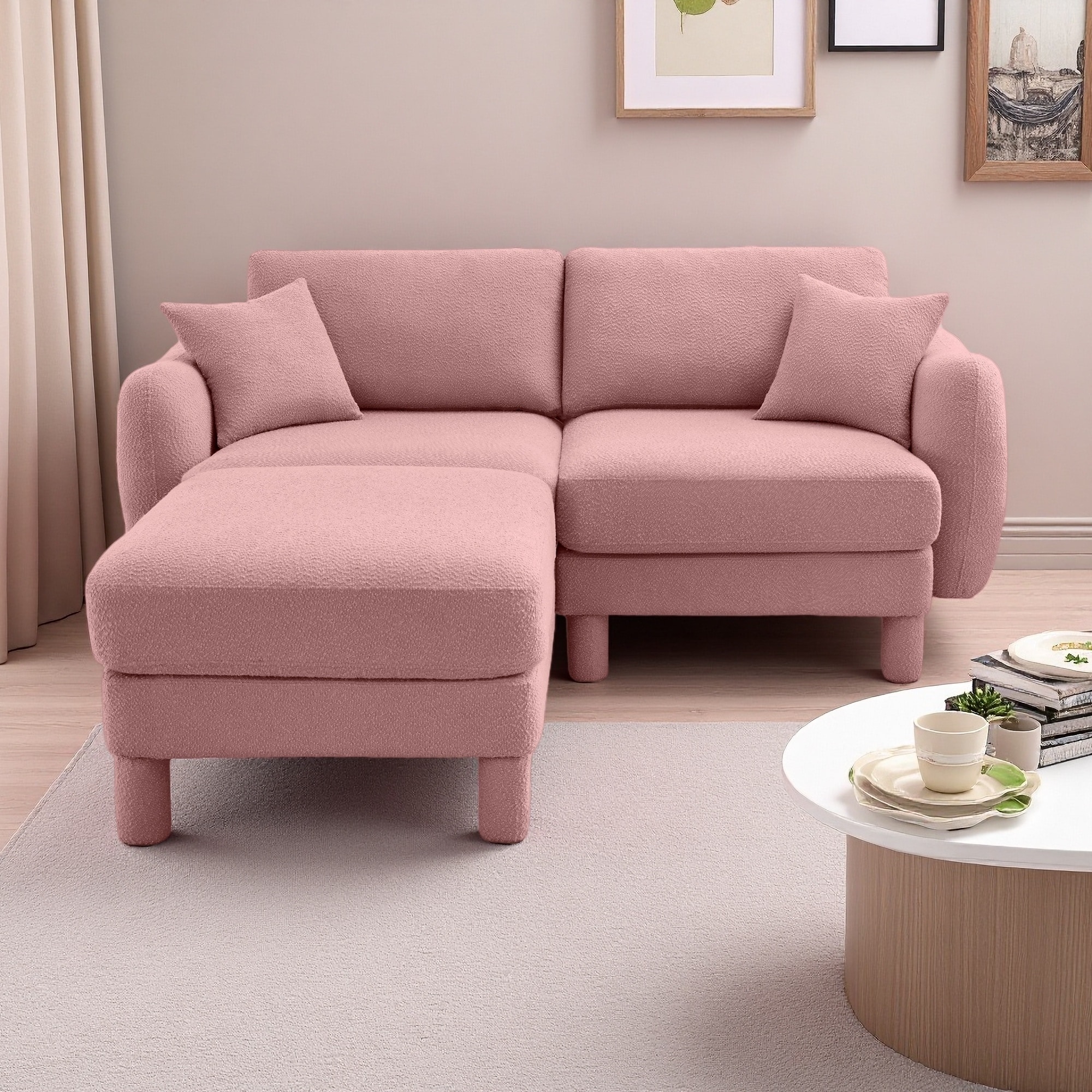 78" Boucle Loveseat 2-Seater Sectional Sofa with Shell Armrests & Removable Ottoman