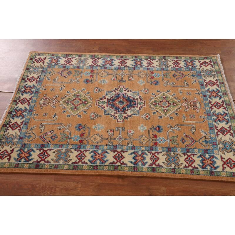 Orange Kazak Rug Hand-Knotted Wool Carpet - 3'5"x 4'10"