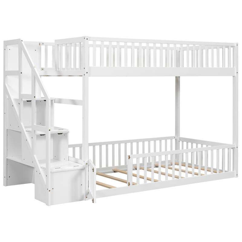 Twin Over Twin Floor Bunk Bed Frame with Storage Stairs and Door