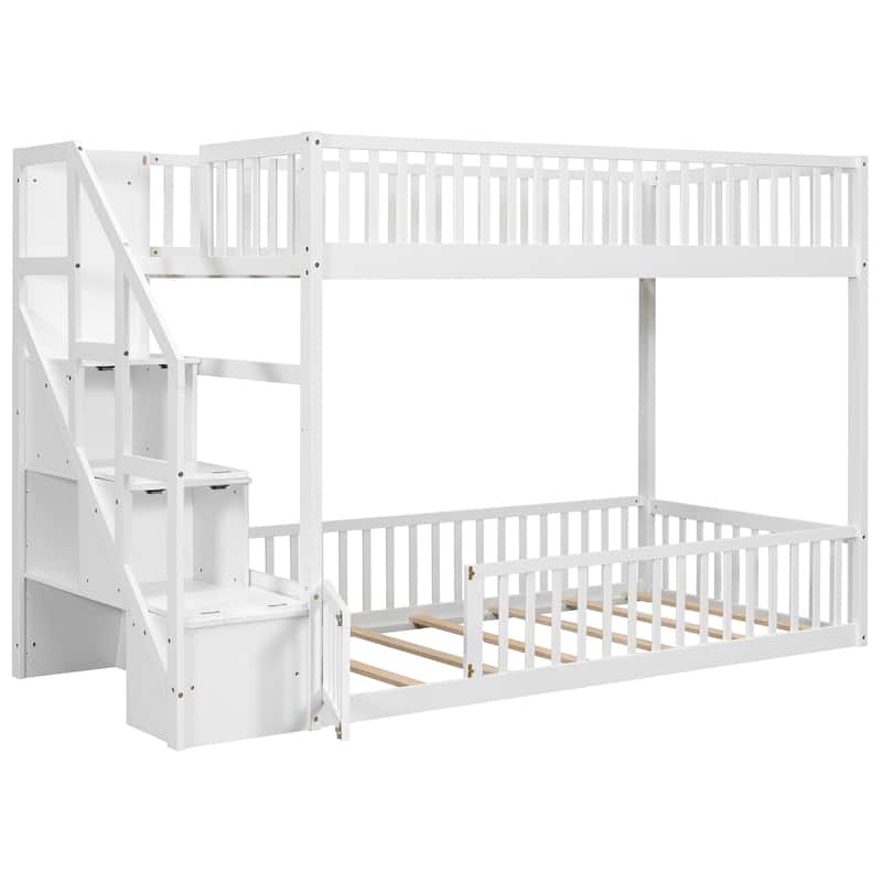 Twin Over Twin Wood Bunk Bed with Reversible Storage Stairs by Harper&Bright Designs.