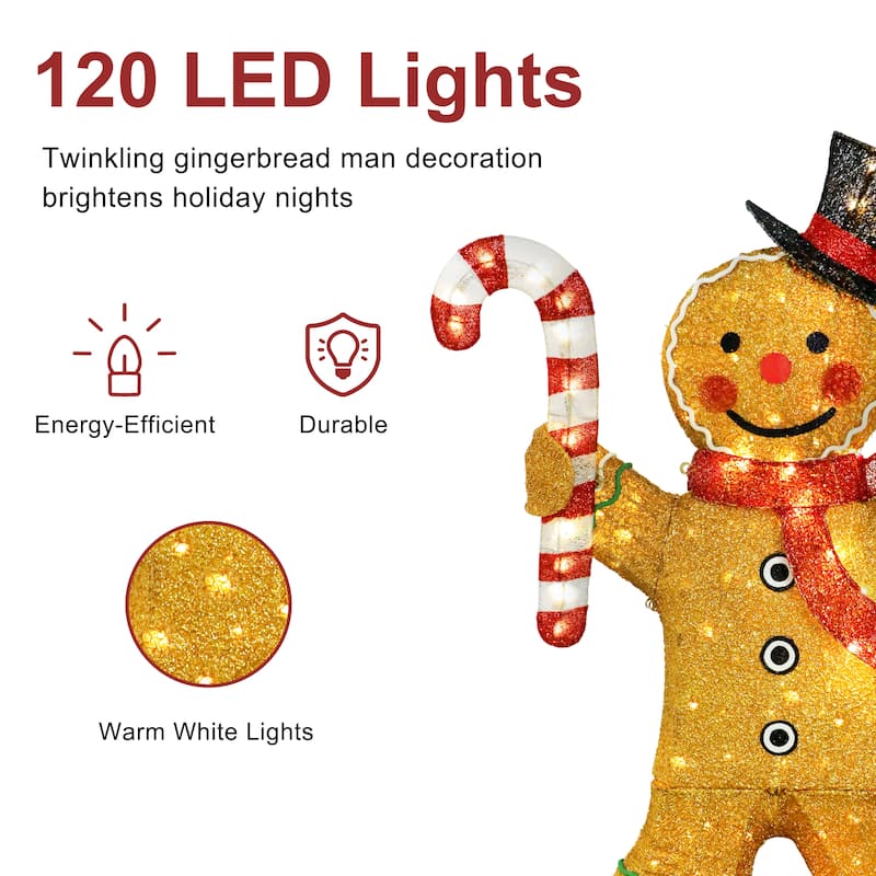 Puleo International 50" Pre-Lit Outdoor Gingerbread Man Christmas Holiday Decor with 120 Warm White Twinkling LED Lights - Brown