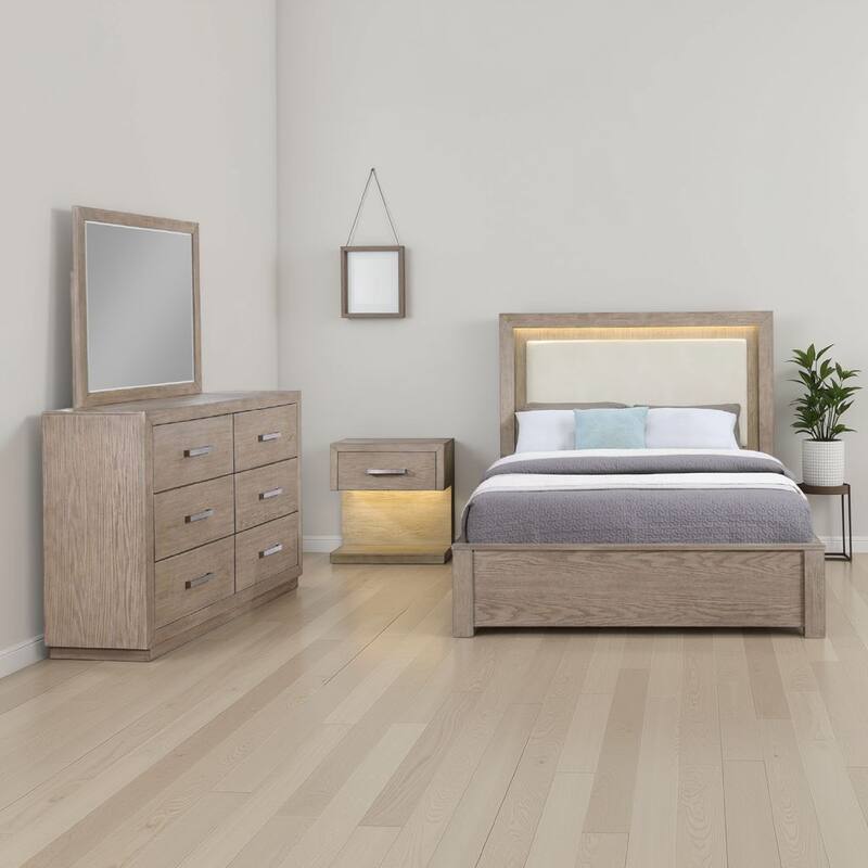 Keno 4pc Queen Bedroom Set, Underbed Storage, LED, Beige Upholstered