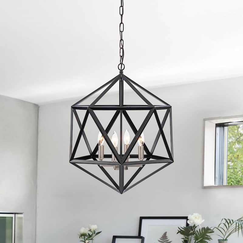 Matte Black 4-Light Geometric Cage Chandelier with Brushed Nickel Sleeves