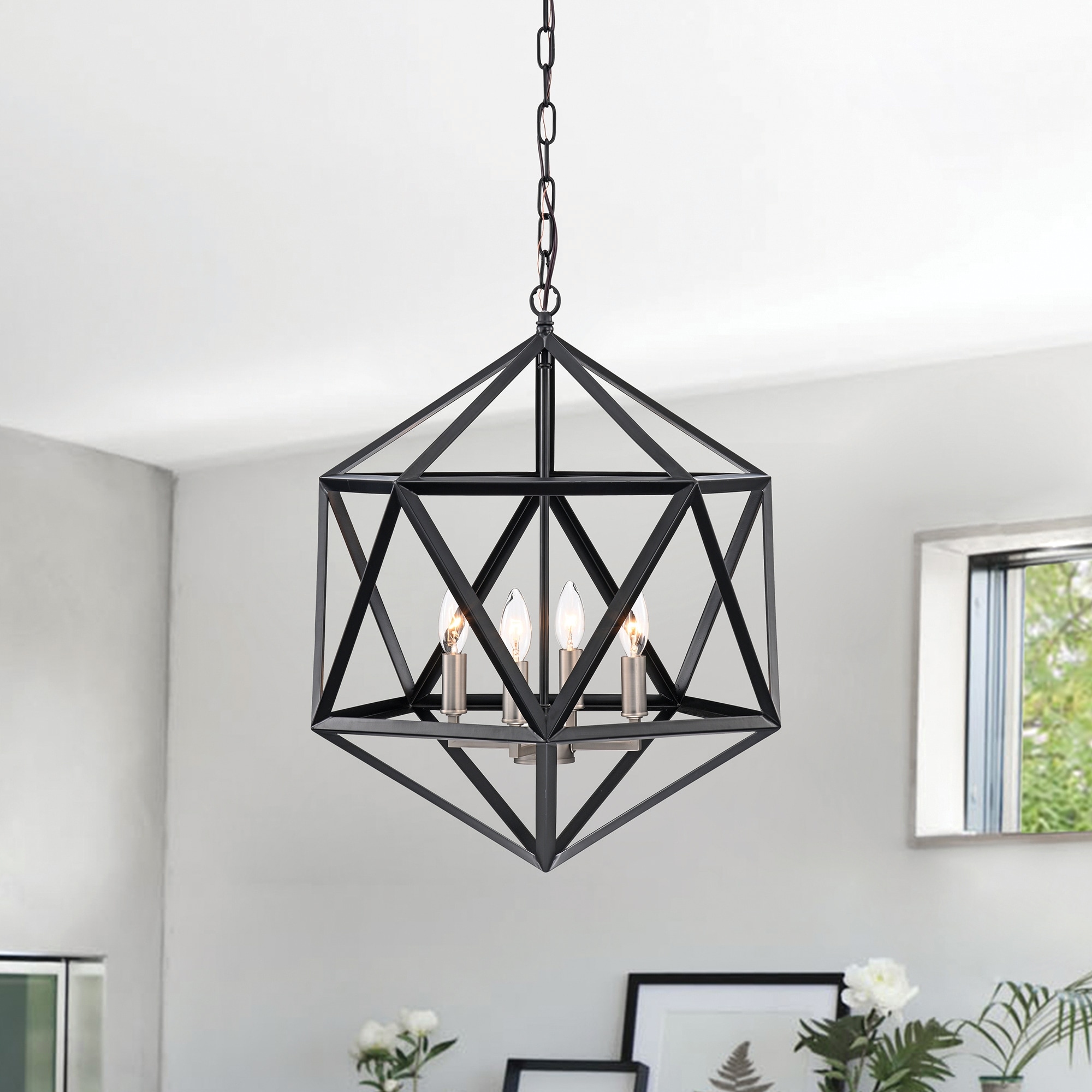 Matte Black 4-Light Geometric Cage Chandelier with Brushed Nickel Sleeves