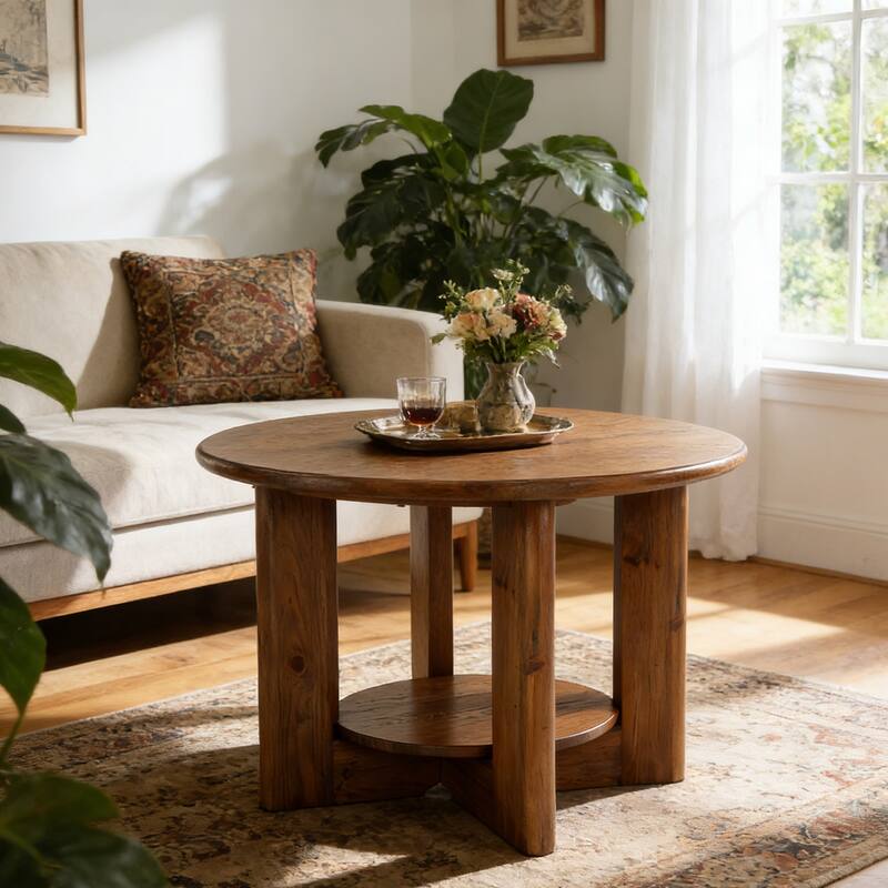 Farmhouse Round Coffee Table with 2-Tier Storage for Living Room - Brown