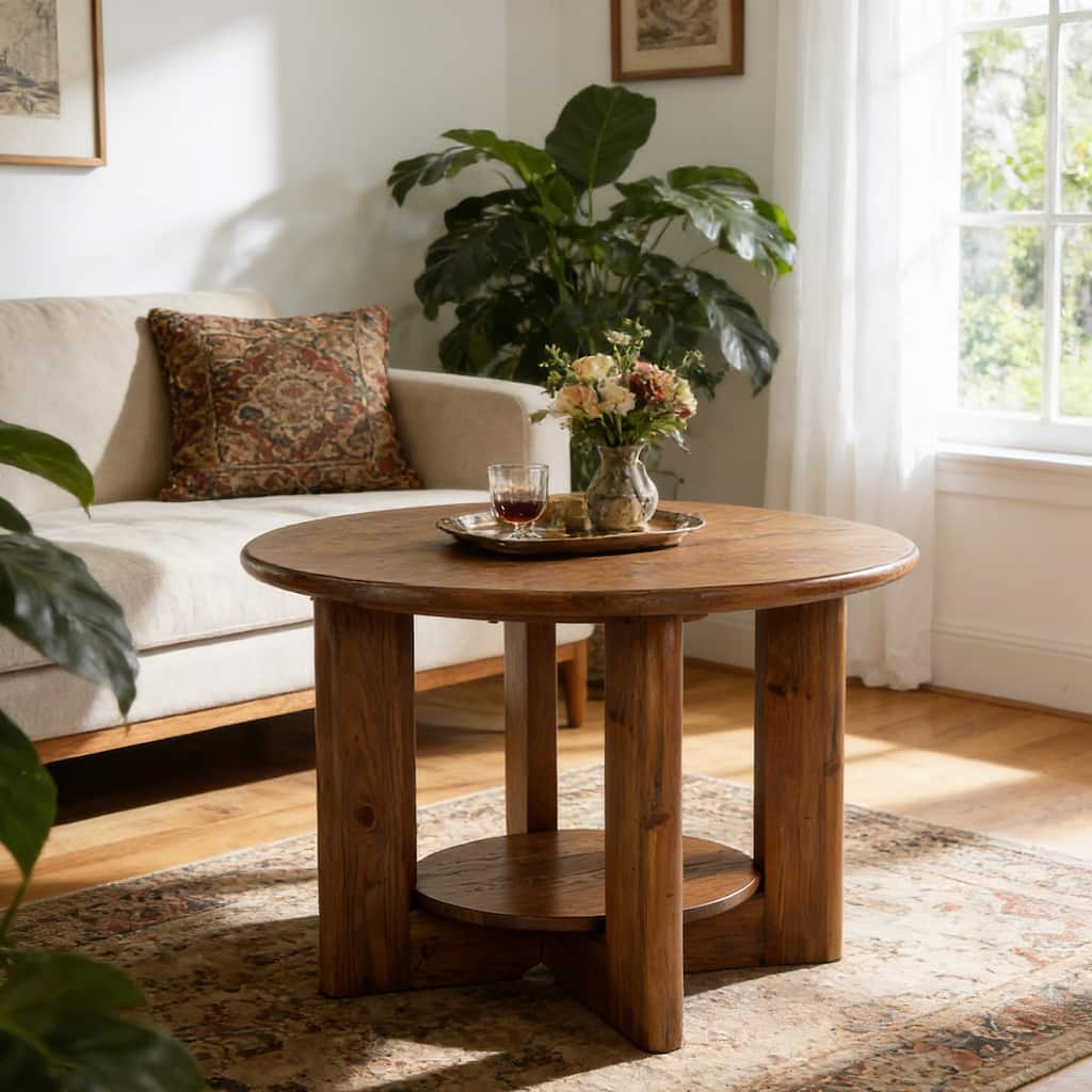 Farmhouse Round Coffee Table with 2-Tier Storage for Living Room