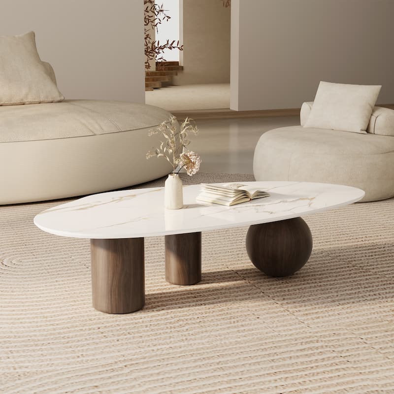 54" Modern Coffee Table, Whitet Glossy Sintered Stone Table-top, 3 Steel legs with wood texture - White