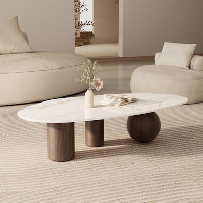 54" Modern Coffee Table, Whitet Glossy Sintered Stone Table-top, 3 Steel legs with wood texture