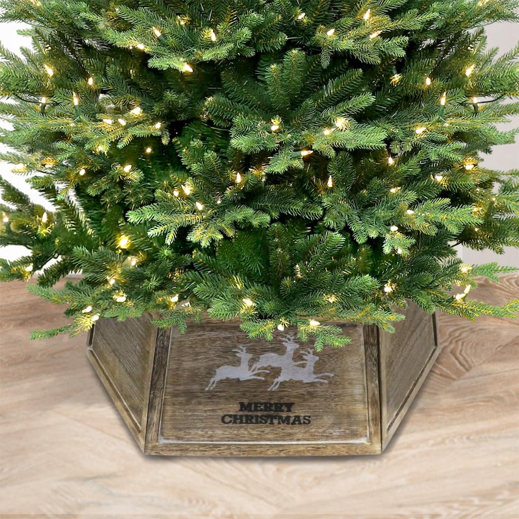 Merry Christmas Reindeer Wooden Hexagon Tree Collar - 32" - Brown