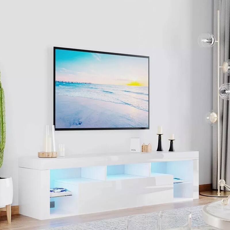 Floating LED TV Stand Wall Mounted for 65''TV High Glossy White - 62 inches