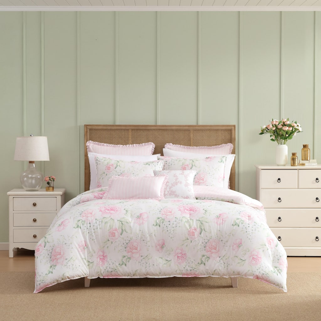 Laura Ashley Serenity Roses Floral Cotton Comforter Set Reversible (Pink)