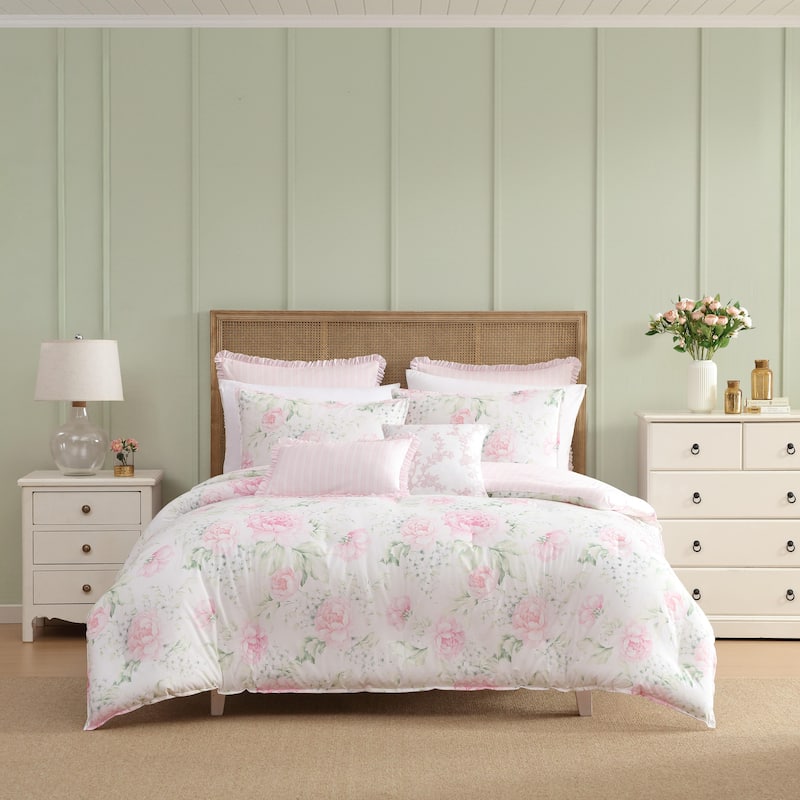 Laura Ashley Serenity Roses Floral Cotton Comforter Set Reversible (Pink)